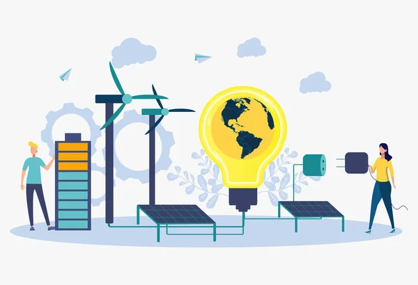 Zonne-energie, technologische zonnepanelen. Extractie van natuurlijke hulpbronnen, het uur van de aarde, energiebesparing — Stockvector