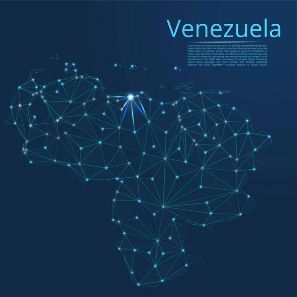 Mapa da rede de comunicação Venezuela. Vetor imagem poli baixa de um mapa global com luzes na forma de cidades ou densidade populacional composta por pontos e formas na forma de estrelas e espaço . — Vetor de Stock