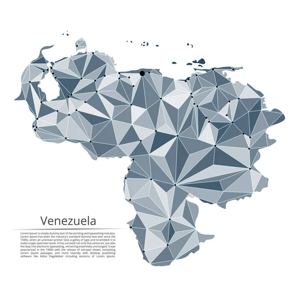 Venezuela carte du réseau de communication. Vecteur low poly image d'une carte globale avec des lumières sous la forme de villes ou de densité de population composée de points et de formes et d'espace. Facile à modifier — Image vectorielle