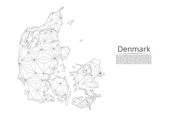 Χάρτης της Δανίας σύνδεση. Διάνυσμα χαμηλής-πολυ εικόνα ενός παγκόσμιου χάρτη με φώτα σε μορφή πόλεων ή πυκνότητα του πληθυσμού, που αποτελείται από σημεία και σχήματα με τη μορφή των αστεριών και του χώρου. — Διανυσματικό Αρχείο