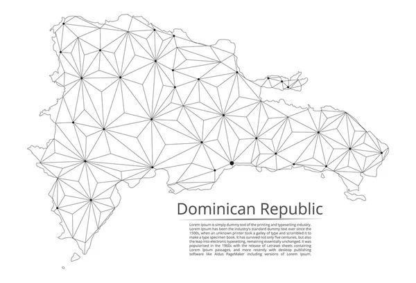도미니카 공화국 연결의지도. 별과 공간의 형태로 포인트와 모양으로 구성된 도시 또는 인구 밀도의 형태로 조명이있는 글로벌지도의 벡터 낮은 폴리 이미지. — 스톡 벡터