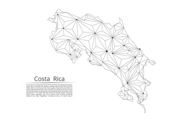 Mapa de la red de comunicación de Costa Rica. Vector de baja polivinílico imagen de un mapa global con luces en forma de ciudades o densidad de población que consiste en puntos y formas en forma de estrellas y el espacio . — Vector de stock