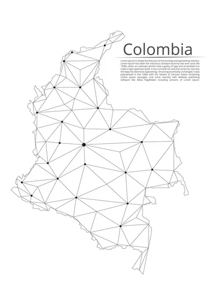 Colombia communicatie netwerkkaart. Vector laag poly afbeelding van een wereldwijde kaart met lichten in de vorm van steden in of bevolkingsdichtheid bestaande uit punten en vormen in de vorm van sterren en ruimte. — Stockvector