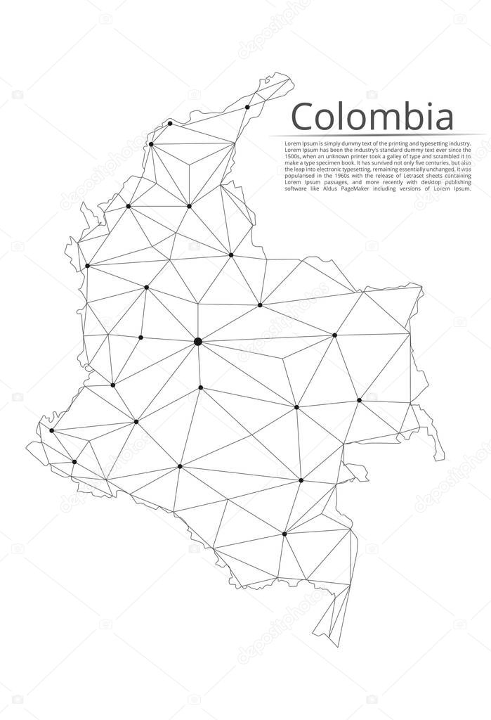 Colombia communication network map. Vector low poly image of a global map with lights in the form of cities in or population density consisting of points and shapes in the form of stars and space.