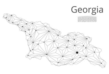 Gürcistan iletişim ağı haritası. Yıldız ve uzay şeklinde nokta ve şekillerden oluşan şehirler veya nüfus yoğunluğu şeklinde ışıklar ile küresel bir harita vektör düşük poli görüntü. Kolay