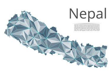 Nepal iletişim ağı haritası. Yıldız ve uzay şeklinde nokta ve şekillerden oluşan şehirler veya nüfus yoğunluğu şeklinde ışıklar ile küresel bir harita vektör düşük poli görüntü. Kolay t