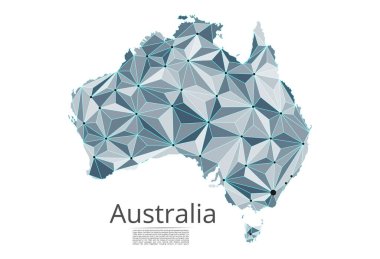Avustralya iletişim ağı haritası. Noktalar ve şekiller ve uzaydan oluşan şehirler veya nüfus yoğunluğu şeklinde ışıklar ile küresel bir harita vektör düşük poli görüntü. Kolay dolandırıla
