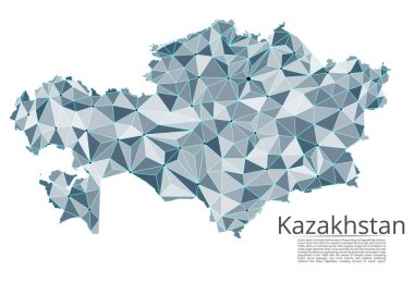 Kazakistan iletişim ağı haritası. Noktalar ve şekiller ve uzaydan oluşan şehirler veya nüfus yoğunluğu şeklinde ışıklar ile küresel bir harita vektör düşük poli görüntü. Kolay dolandırıla