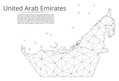 Birleşik Arap Emirlikleri iletişim ağı haritası. Noktalar ve şekiller ve uzaydan oluşan şehirler veya nüfus yoğunluğu şeklinde ışıklar ile küresel bir harita vektör düşük poli görüntü. Kolay dolandırıla
