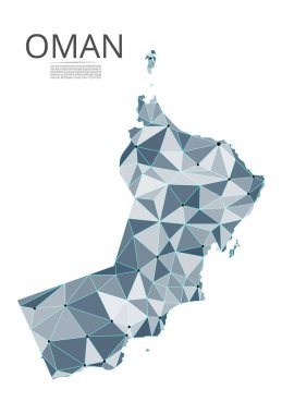 Umman iletişim ağı haritası. Noktalar ve şekiller ve uzaydan oluşan şehirler veya nüfus yoğunluğu şeklinde ışıklar ile küresel bir harita vektör düşük poli görüntü. Kolay dolandırıla