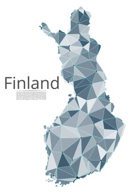Finlandiya iletişim ağı haritası. Noktalar ve şekiller ve uzaydan oluşan şehirler veya nüfus yoğunluğu şeklinde ışıklar ile küresel bir harita vektör düşük poli görüntü. Kolay dolandırıla