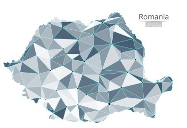 Romanya iletişim ağı haritası. Noktalar ve şekiller ve uzaydan oluşan şehirler veya nüfus yoğunluğu şeklinde ışıklar ile küresel bir harita vektör düşük poli görüntü. Kolay dolandırıla