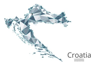Hırvatistan iletişim ağı haritası. Noktalar ve şekiller ve uzaydan oluşan şehirler veya nüfus yoğunluğu şeklinde ışıklar ile küresel bir harita vektör düşük poli görüntü. Kolay dolandırıla