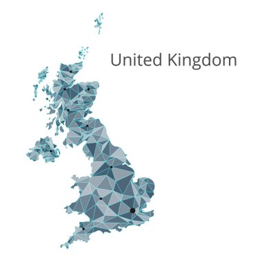 Birleşik Krallık iletişim ağı haritası. Noktalar ve şekiller ve uzay oluşan şehirler veya nüfus yoğunluğu şeklinde ışıklar ile küresel bir harita vektör düşük poli görüntü. Kolay dolandırıla