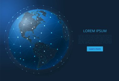 Kuzey ve Güney Amerika Haritası. Dünya şehirleri veya puan, şekil ve uzaydan oluşan bir nüfus yoğunluğu şeklinde ki küresel haritanın vektör eldeki görüntüsü. World Wide Web kavramı. Kolay e