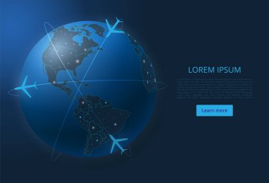 Dünya uçuş haritası. Dünyanın şehirleri şeklinde ışıklar ile küresel bir harita vektör görüntü. Hava taşımacılığı organizasyonunun sonu. Kolay dolandırıla