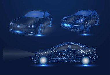 Noktaları ve çizgiler, üçgenler, kırık cam şeklinde bir araba Soyut görüntü. İş vektörü. Üç araba