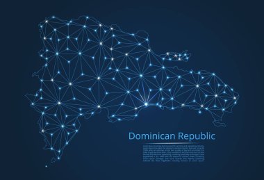 Dominik Cumhuriyeti bağlantı haritası. Şehirler şeklinde ışıklar ile küresel bir harita vektör düşük poli görüntü