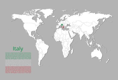 Dünya haritasında yeşil, beyaz, kırmızı renkte vurgulanan İtalya Haritası