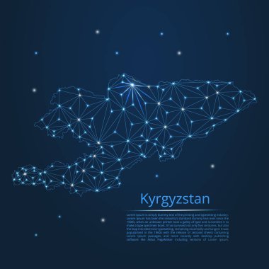 Kırgızistan bağlantı haritası. Şehirler şeklinde ışıklar ile küresel bir harita vektör düşük poli görüntü