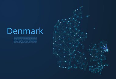 Danimarka bağlantı haritası. Şehirler şeklinde ışıklar ile küresel bir harita vektör düşük poli görüntü