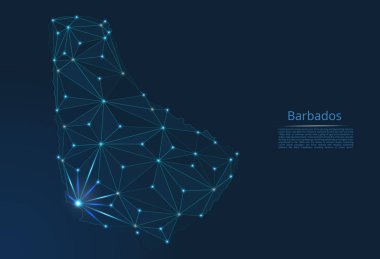 Barbados bağlantı haritası. Şehirler şeklinde ışıklar ile küresel bir harita vektör düşük poli görüntü