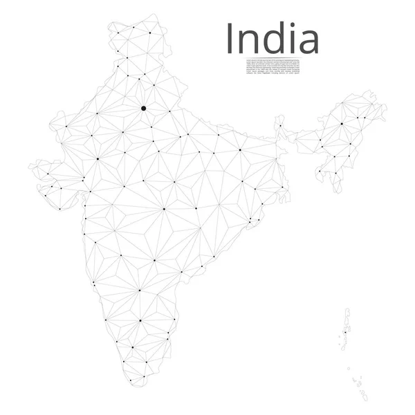 印度通信网络地图。以城市或人口密度为形式的城市形态的全局地图的低多边形图像，由星形和空间形式的点和形状组成。简单 t — 图库矢量图片