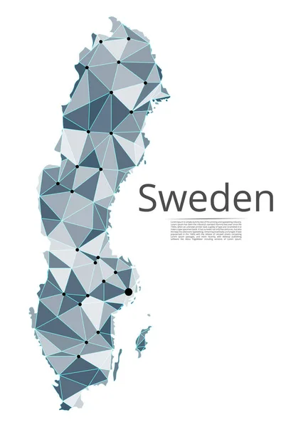 Schwedische Karte des Kommunikationsnetzes. Vektor-Low-Poly-Bild einer Weltkarte mit Lichtern in Form von Städten oder Bevölkerungsdichte, die aus Punkten und Formen und Raum bestehen. leicht zu bearbeiten — Stockvektor