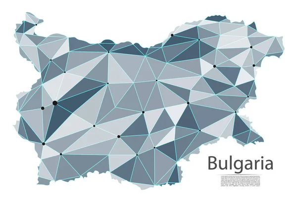 Mapa de la red de comunicación Bulgaria. Vector de baja polivinílico imagen de un mapa global con luces en forma de ciudades en o densidad de población que consiste en puntos y formas y espacio. Fácil de editar — Archivo Imágenes Vectoriales