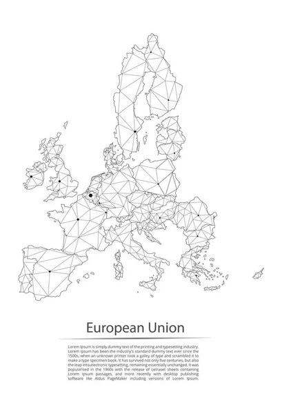 Mapa de la red de comunicación de la Unión Europea. Vector de baja poli imagen de un mapa global con luces en forma de densidad de población de las ciudades que consiste en puntos y formas y el espacio. Fácil de editar — Vector de stock