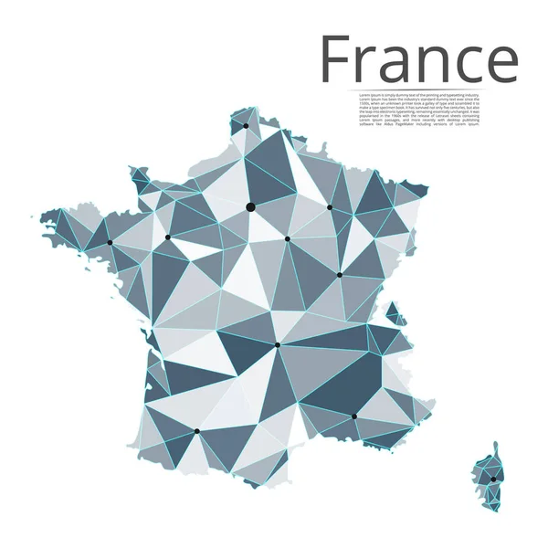 Mapa de la red de comunicación Francia. Vector de baja polivinílico imagen de un mapa global con luces en forma de ciudades en o densidad de población que consiste en puntos y formas y espacio. Fácil de editar — Vector de stock