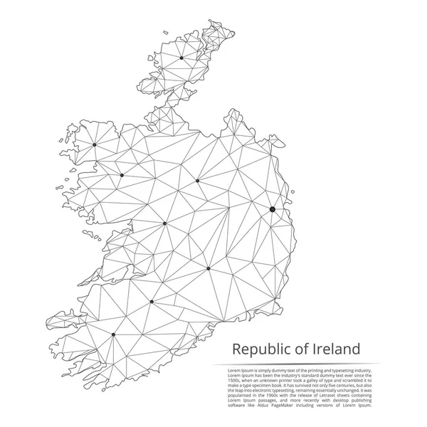 Χάρτης δικτύου επικοινωνίας της Δημοκρατίας της Ιρλανδίας. Διάνυσμα χαμηλή πολυ εικόνα ενός παγκόσμιου χάρτη με τα φώτα σε μορφή πόλεων ή πυκνότητα του πληθυσμού που αποτελείται από σημεία και σχήματα. Εύκολο στην επεξεργασία — Διανυσματικό Αρχείο