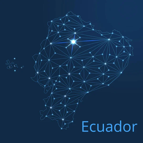 Ecuador communication network map. Vektor-Low-Poly-Bild einer Weltkarte mit Lichtern in Form von Städten oder Bevölkerungsdichte, bestehend aus Punkten und Formen in Form von Sternen und Raum. — Stockvektor