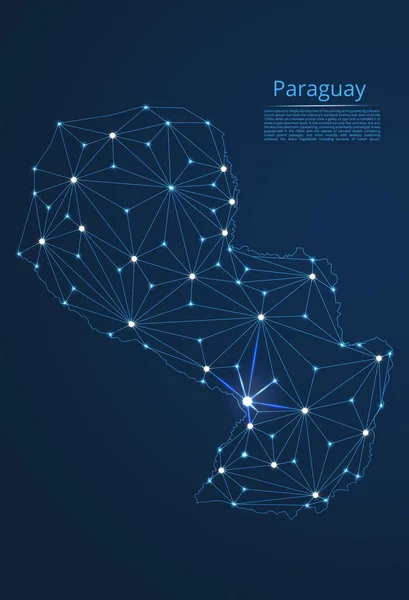 Mapa da rede de comunicação do Paraguai. Vetor imagem poli baixa de um mapa global com luzes na forma de cidades ou densidade populacional composta por pontos e formas na forma de estrelas e espaço . —  Vetores de Stock