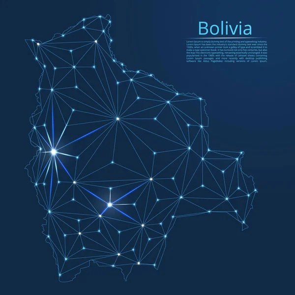 Bolivia kommunikationsnät karta. Vector låg Poly bild av en global karta med ljus i form av städer i eller befolkningstäthet bestående av punkter och former i form av stjärnor och rymden. — Stock vektor