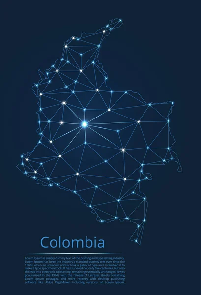 Colômbia mapa de rede de comunicação. Vector baixa imagem poli de um mapa global com luzes na forma de cidades i —  Vetores de Stock