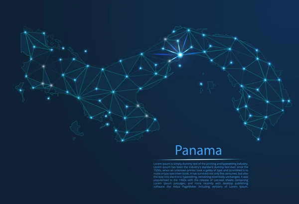 Panamai összeköttetés térképe. Vektor Low-poli képet a globális Térkép fények formájában városok — Stock Vector