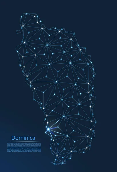 Karta över Dominica-förbindelsen. Vector Low-Poly bild av en global karta med ljus i form av städer eller befolkningstäthet, bestående av punkter och former i form av stjärnor och rymden. — Stock vektor