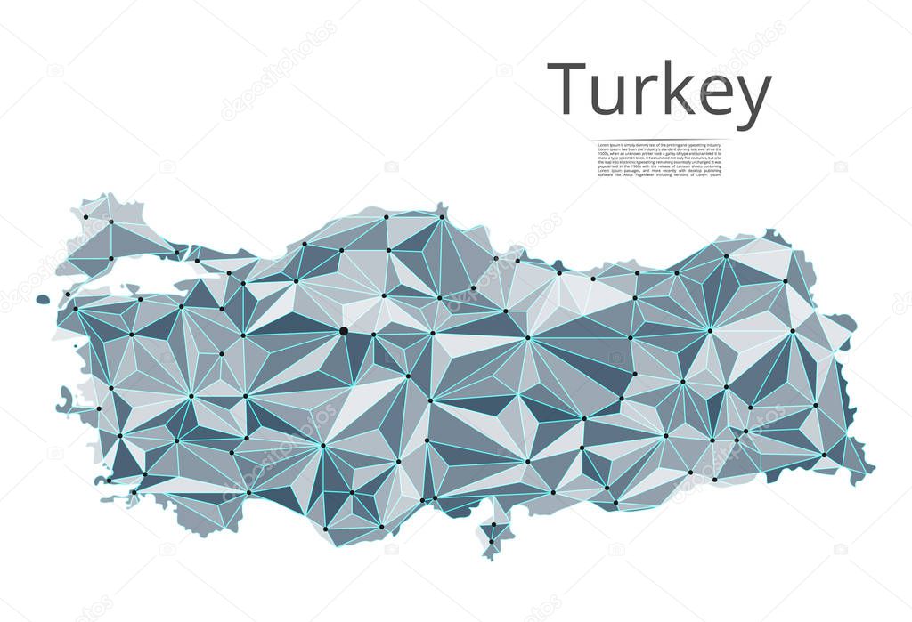 Turkey communication network map. Vector low poly image of a global map with lights in the form of cities in or population density consisting of points and shapes and space. Easy to edit