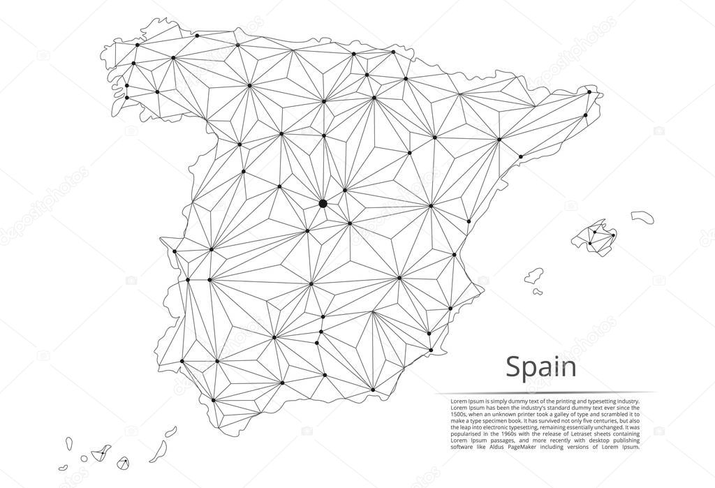 Spain communication network map. Vector low poly image of a global map with lights in the form of cities in or population density consisting of points and shapes in the form of stars and space. Easy t