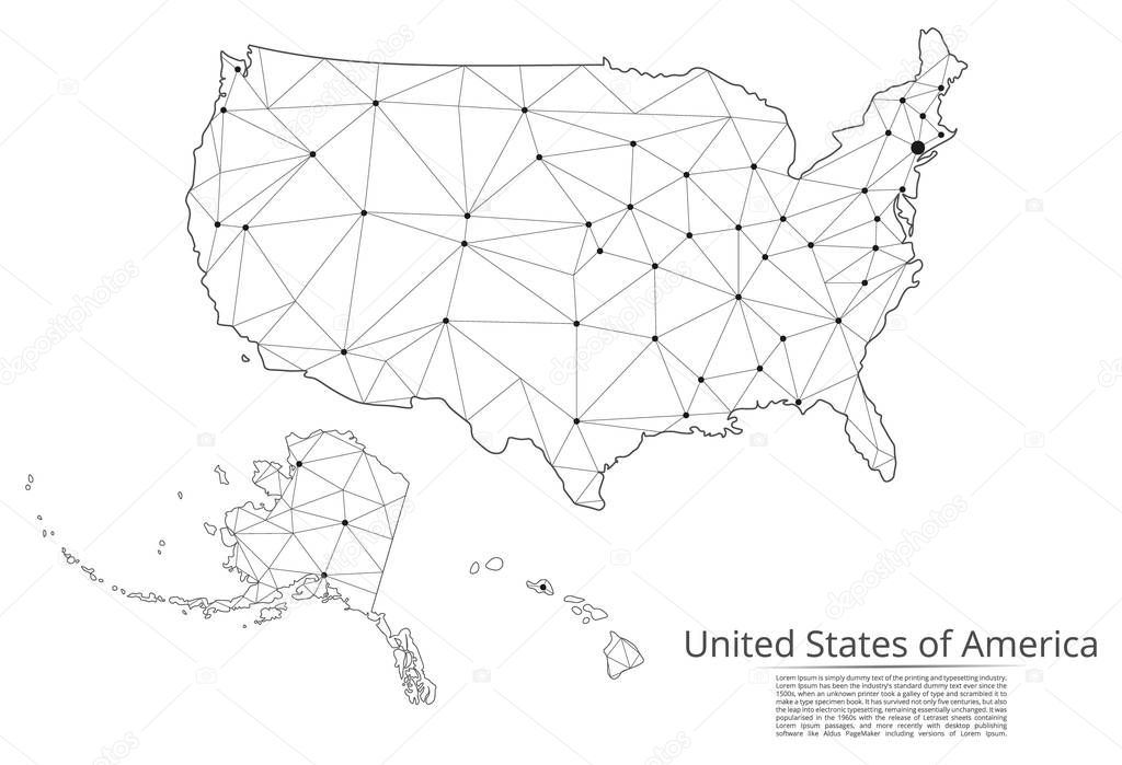 The map of the network of the United States of America. Vector low-poly image of a global map with lights in the form of a population density of cities consisting of shapes. Easy to edit