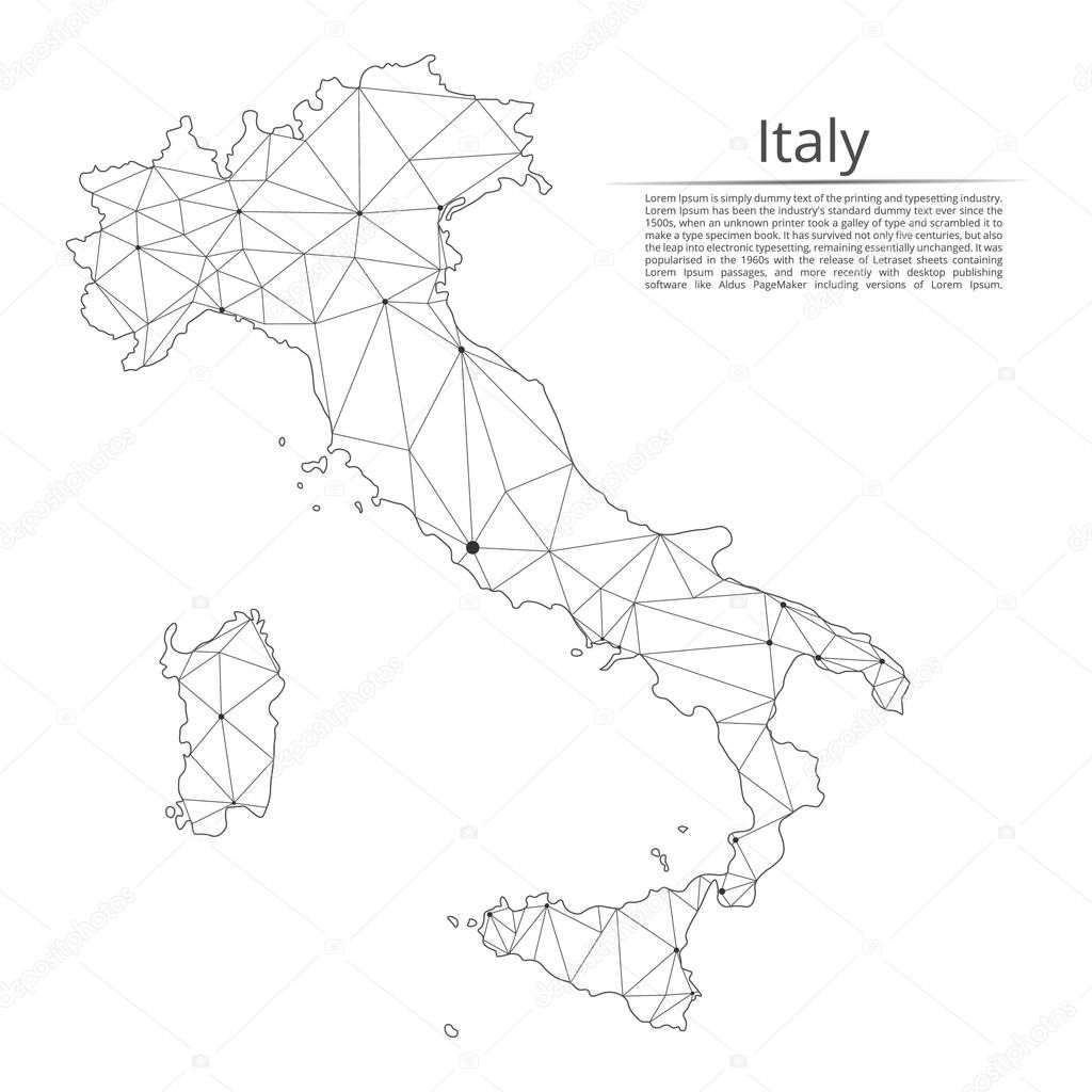 Italian Republic communication network map. Vector low poly image of a global map with lights in the form of cities in Italy population density consisting of points and shapes. Easy to edit