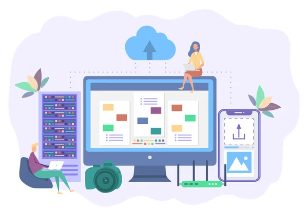 Plantilla Landing Page Tecnologías Cloud Las Personas Pequeñas Comparten Archivos — Archivo Imágenes Vectoriales