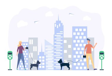 İnsanlar şehir caddesi boyunca köpeklerle yürür. Köpekler için dinlenme odası. Köpek temizliği. Şablon. Köpek bakımı için Eko poşetleri. Köpek severler..