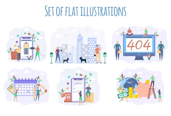 Illustrazione Set Errore 404 Gente Cammina Con Cani Lungo Strada — Vettoriale Stock