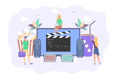 Sinema reklamı. Patlamış mısır, film şeridi ve makarası için kova. Film yapımcılığı afişi. Şovun galası..