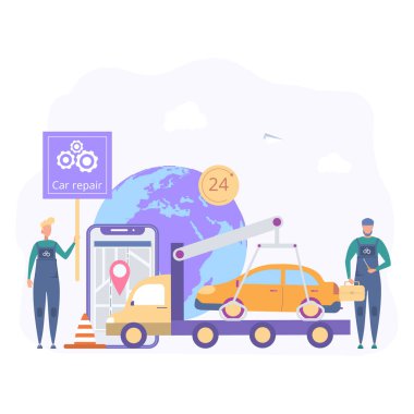 Bir tamirci bir arabayı tamir ediyor. Bir uzmanın araba arızası yerinden ayrılışı. servis, tahliye, araba servisi, araba tamiri, 24 saat yardım.