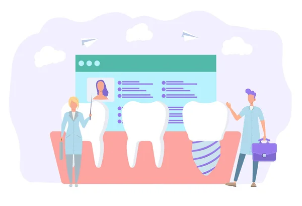 歯科医はインプラントを設置します 入れ歯とインプラントの審美的な歯科設置 — ストックベクタ