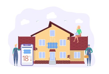 Akıllı telefonlu akıllı ev ısıtması. İşçiler bir ısıtma sistemini, ev ısıtma teknolojisini ve ev enerjisi tasarruf kavramını tamir ediyorlar..