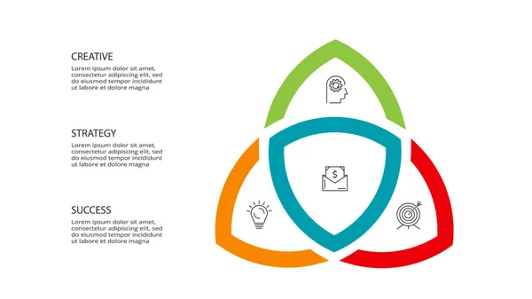 Visualisatie van bedrijfsgegevens. Proceskaart. Elementen van grafiek, diagram met 3 stappen, opties, onderdelen of processen — Stockvector